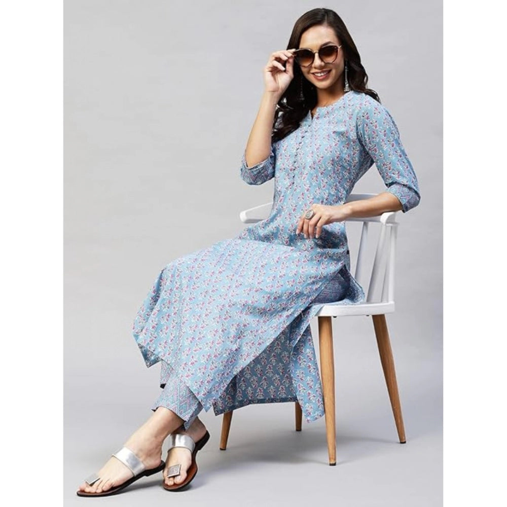 Shopper Beast Women's Casual 3-4 th Sleeve Printed Cotton Kurti Pant Set (Pastel Blue)