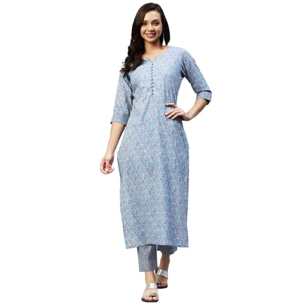 Shopper Beast Women's Casual 3-4 th Sleeve Printed Cotton Kurti Pant Set (Pastel Blue)