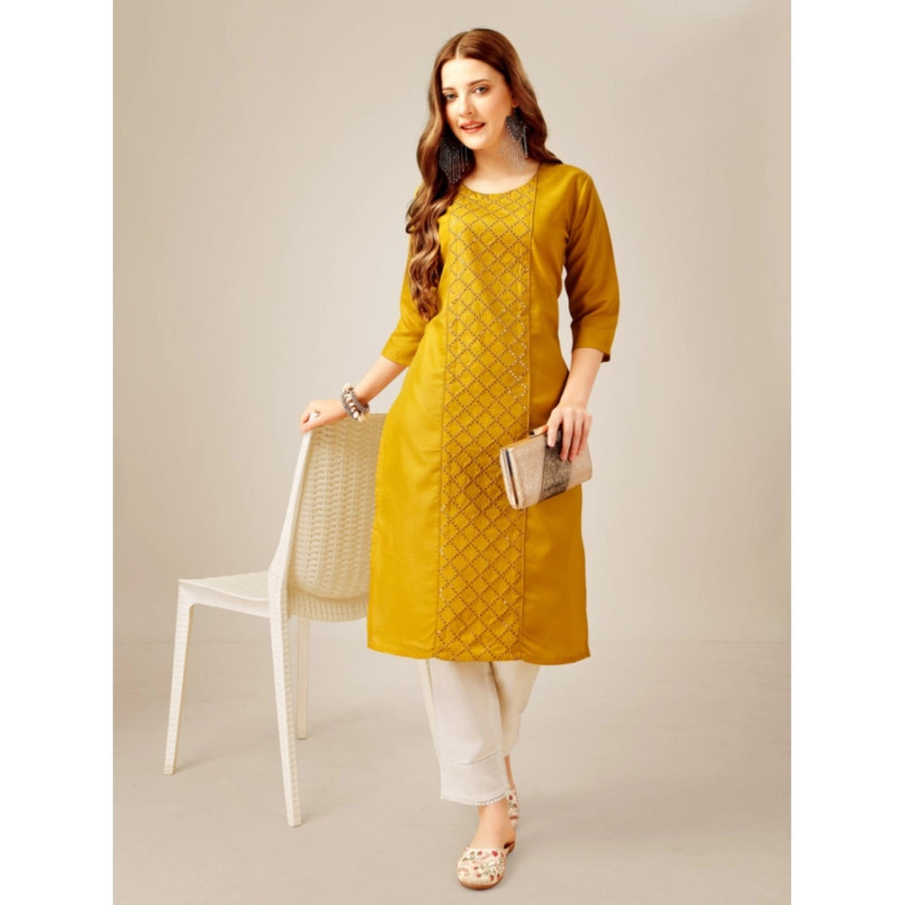 Shopper Beast Women's Casual 3-4 th Sleeve Embroidery Cotton Kurti Pant Set (Yellow)