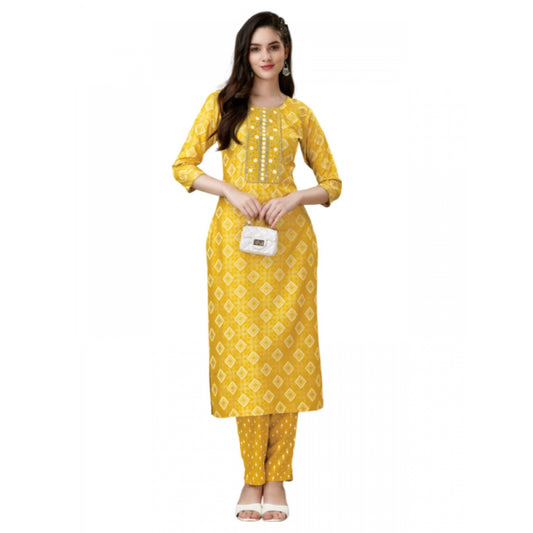 Shopper Beast Women's Casual 3-4 th Sleeve Embroidery Rayon Kurti Pant Set (Yellow)