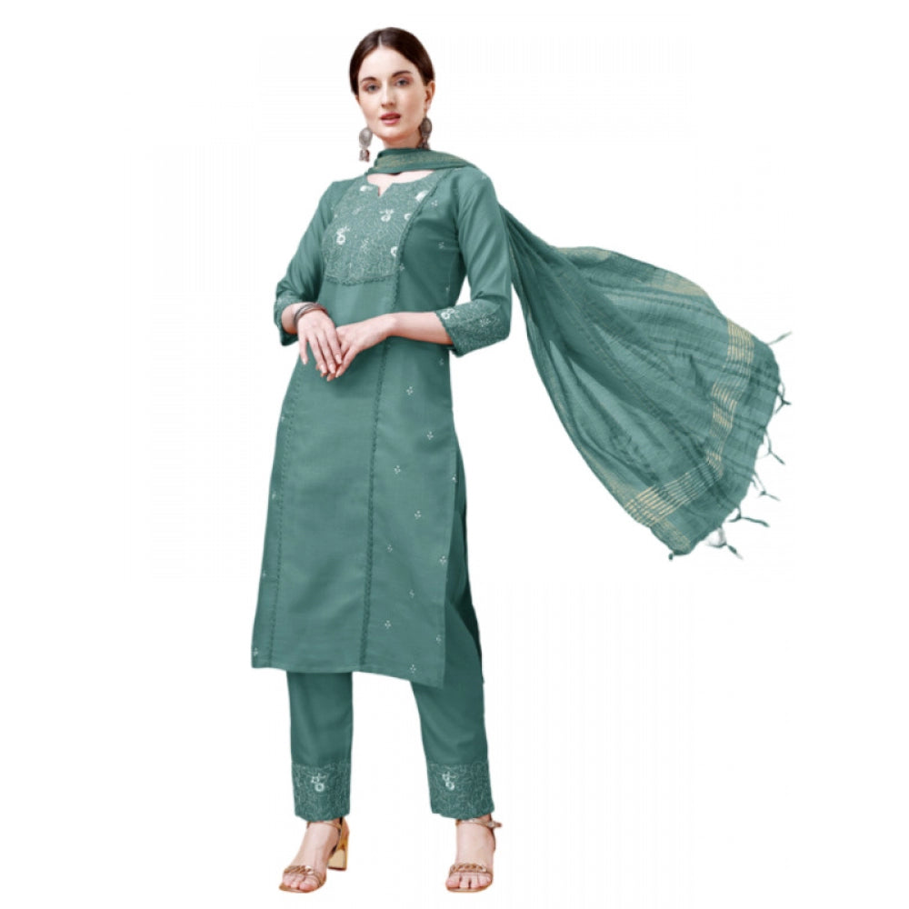 Shopper Beast Women's Casual 3-4 th Sleeve Embroidery Cotton Kurti Pant Dupatta Set (Teal)