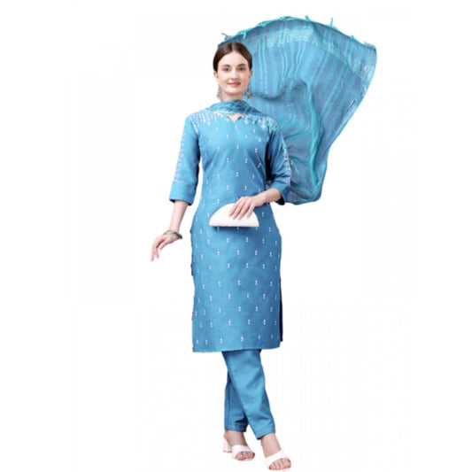 Shopper Beast Women's Casual 3-4 th Sleeve Embroidery Cotton Kurti Pant Dupatta Set (Sky Blue)