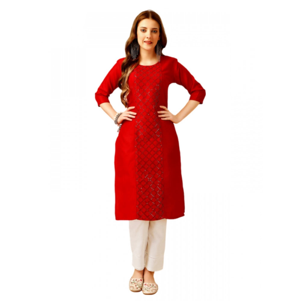 Shopper Beast Women's Casual 3-4 th Sleeve Embroidery Cotton Kurti Pant Set (Red)