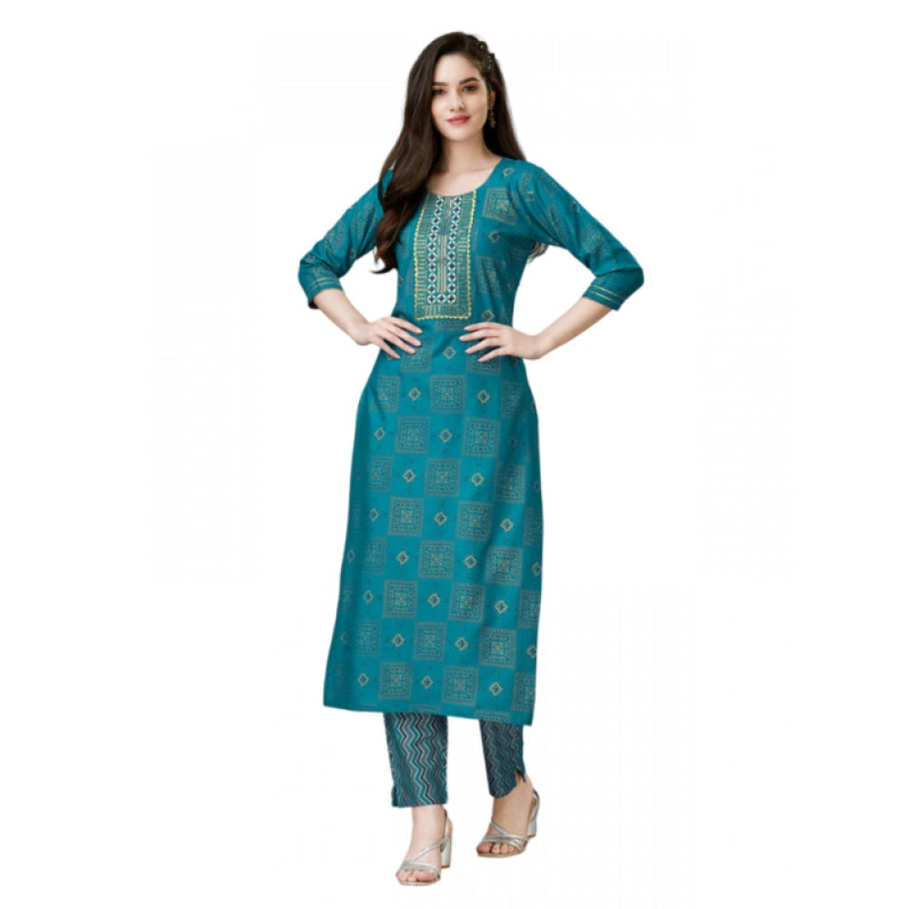 Shopper Beast Women's Casual 3-4 th Sleeve Embroidery Rayon Kurti Pant Set (Green)