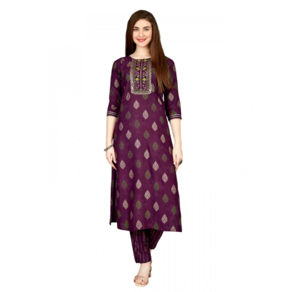 Shopper Beast Women's Casual 3-4 th Sleeve Embroidery Rayon Kurti Pant Set (Purple)