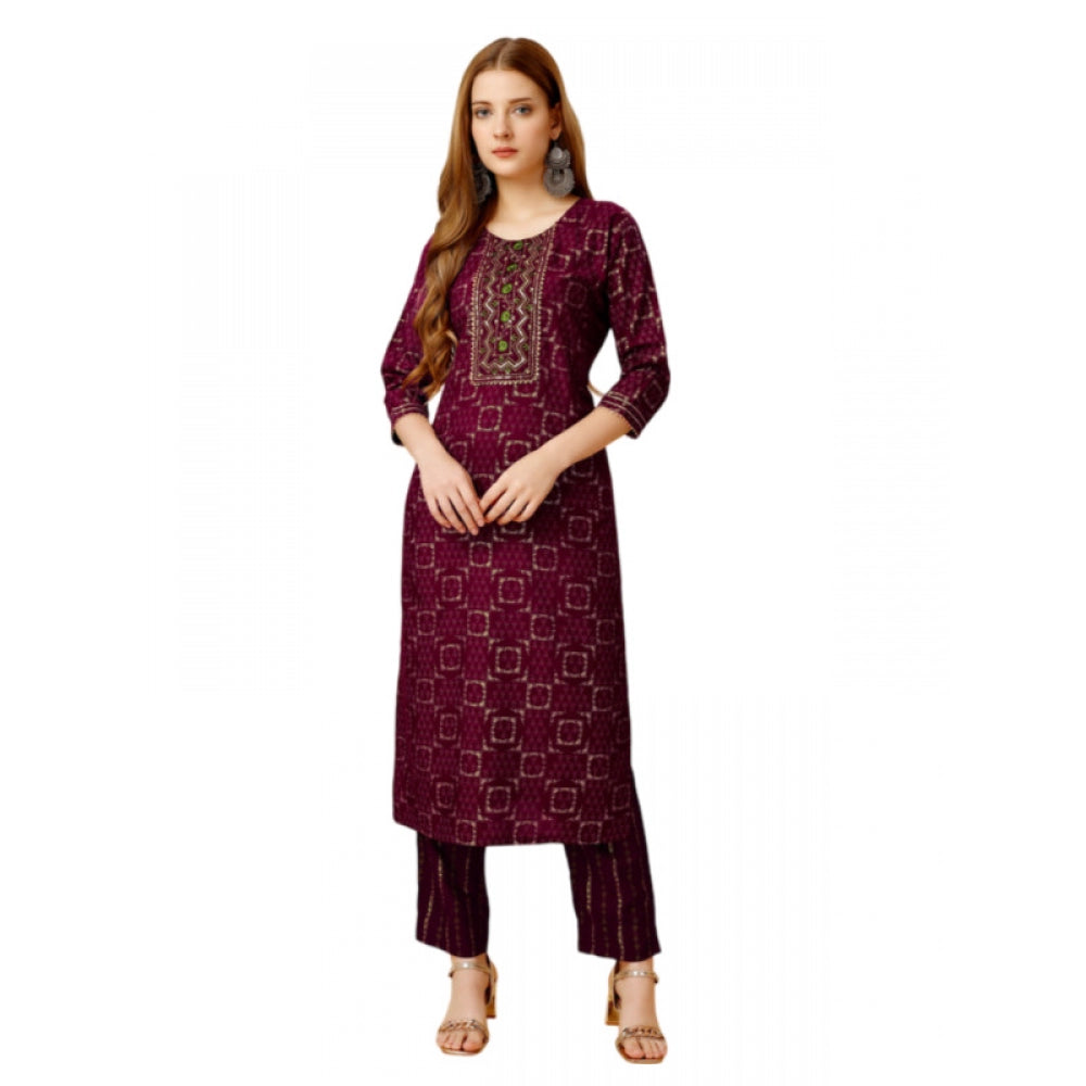 Shopper Beast Women's Casual 3-4 th Sleeve Embroidery Rayon Kurti Pant Set (Purple)