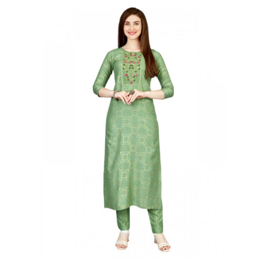 Shopper Beast Women's Casual 3-4 th Sleeve Embroidery Rayon Kurti Pant Set (Light Green)