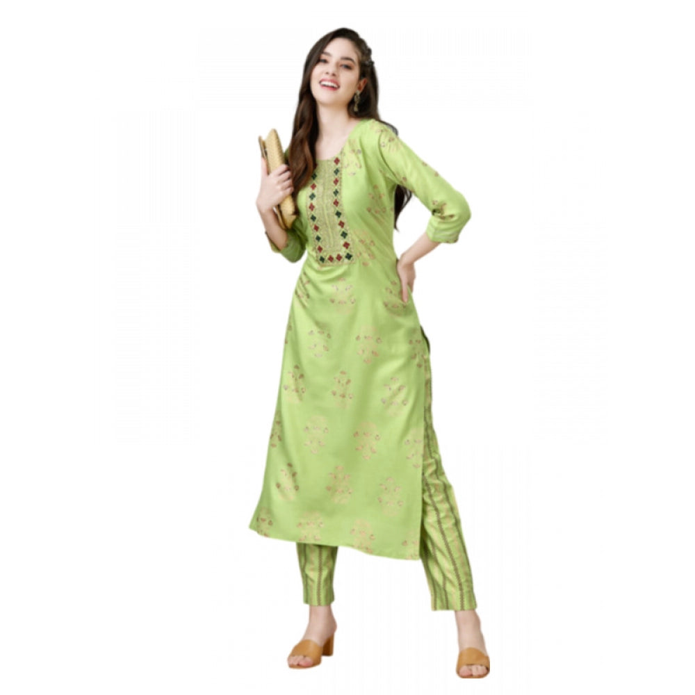 Shopper Beast Women's Casual 3-4 th Sleeve Embroidery Rayon Kurti Pant Set (Light Green)