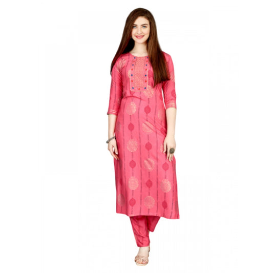 Shopper Beast Women's Casual 3-4 th Sleeve Embroidery Rayon Kurti Pant Set (Pink)