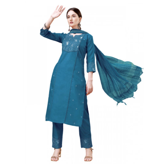 Shopper Beast Women's Casual 3-4 th Sleeve Embroidery Cotton Kurti Pant Dupatta Set (Blue )