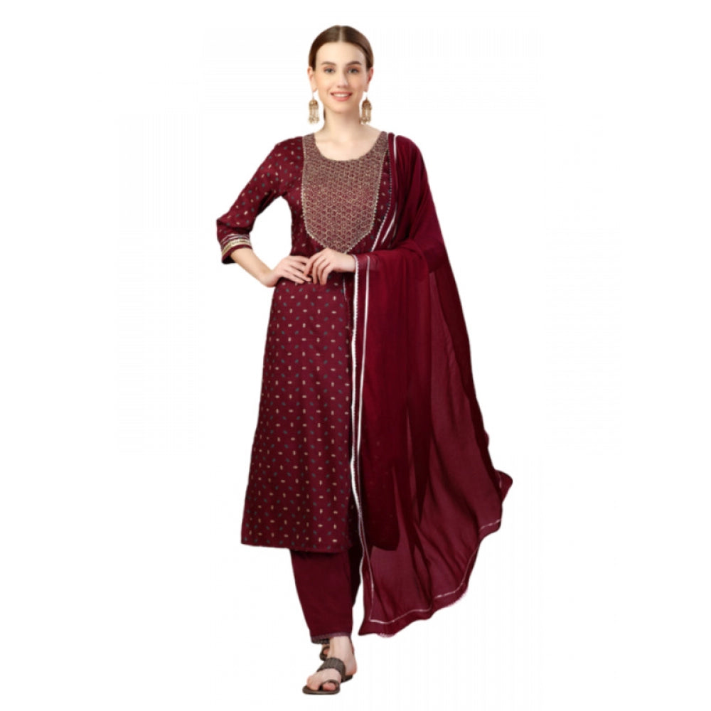 Shopper Beast Women's Casual 3-4 th Sleeve Embroidery Silk Blend Kurti Pant Dupatta Set (Maroon)