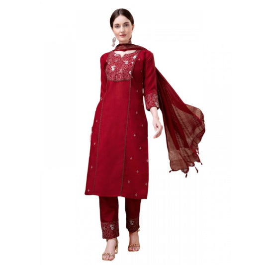 Shopper Beast Women's Casual 3-4 th Sleeve Embroidery Cotton Kurti Pant Dupatta Set (Maroon)