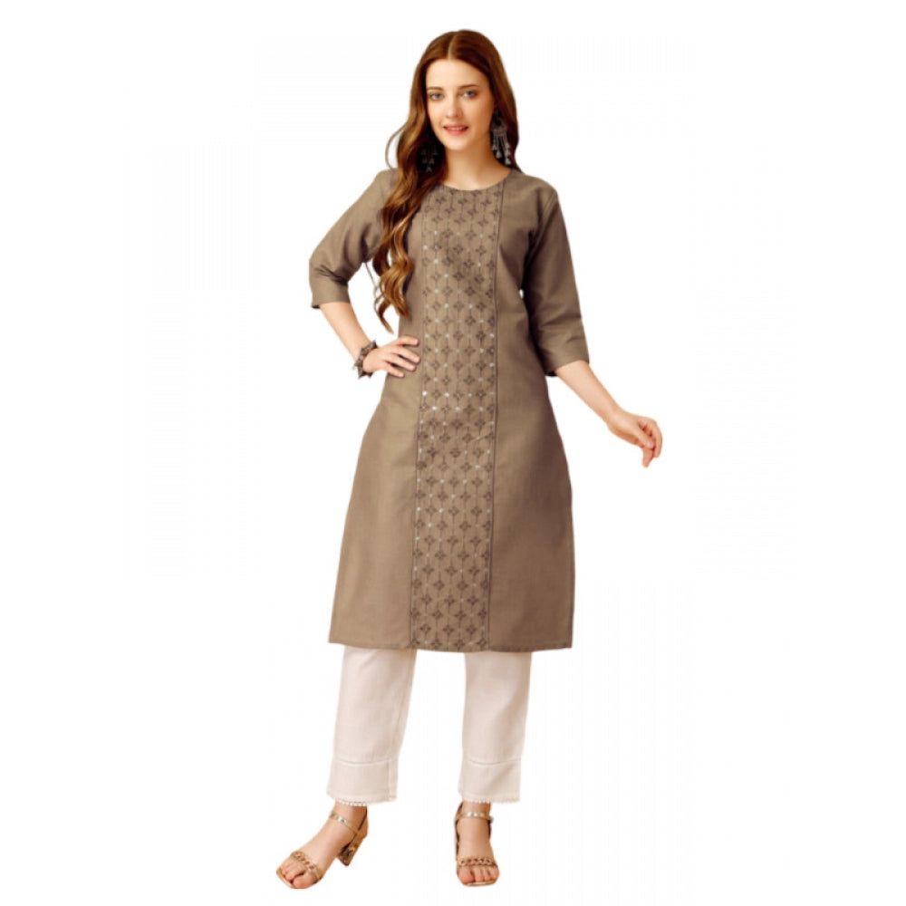 Shopper Beast Women's Casual 3-4 th Sleeve Embroidery Cotton Kurti Pant Set (Beige)