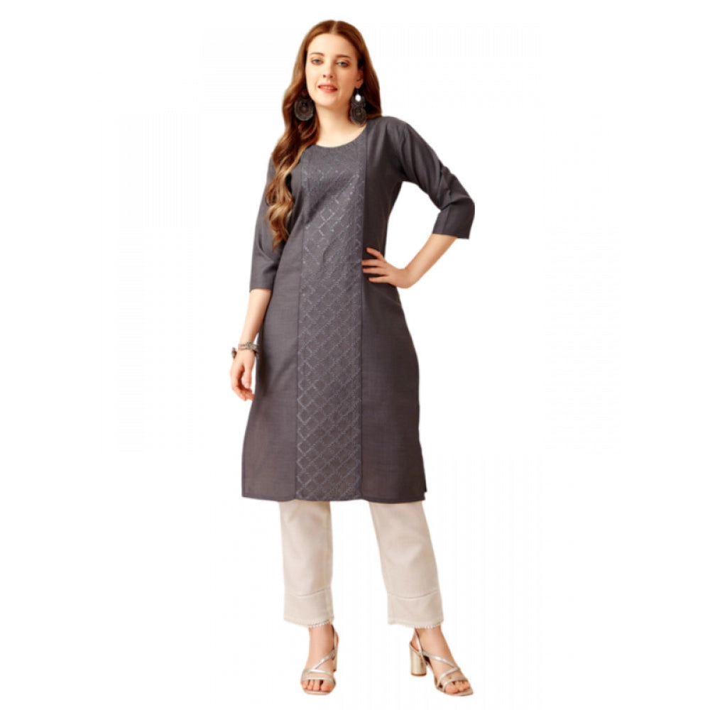 Shopper Beast Women's Casual 3-4 th Sleeve Embroidery Cotton Kurti Pant Set (Grey)