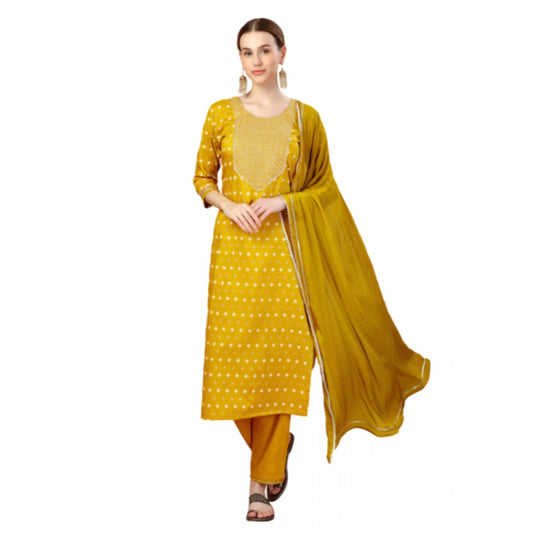 Shopper Beast Women's Casual 3-4 th Sleeve Embroidery Silk Blend Kurti Pant Dupatta Set (Golden)