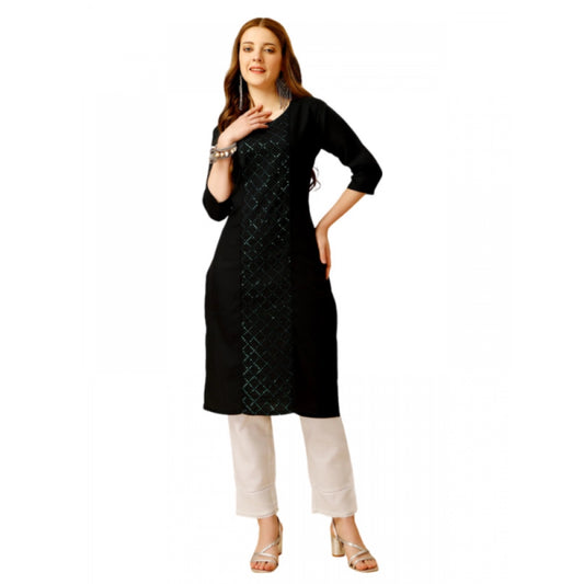 Shopper Beast Women's Casual 3-4 th Sleeve Embroidery Cotton Kurti Pant Set (Black)