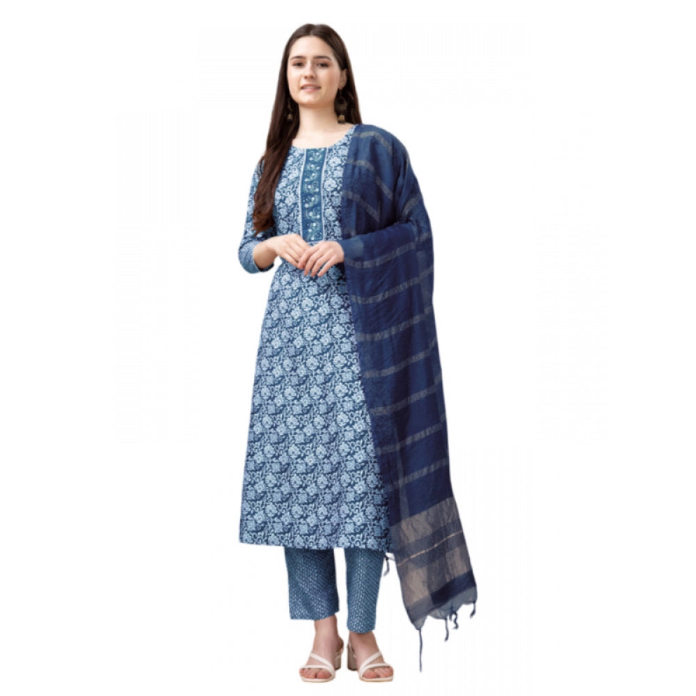 Shopper Beast Women's Casual 3-4 th Sleeve Embroidery Rayon Kurti Pant Dupatta Set (Light Blue)