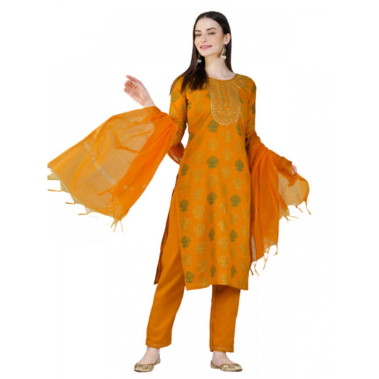 Shopper Beast Women's Casual 3-4 th Sleeve Embroidery Cotton Kurti Pant Dupatta Set (Yellow)