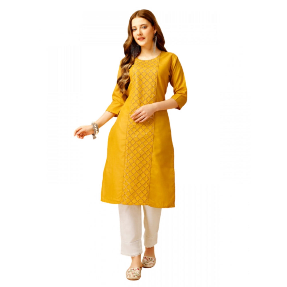 Shopper Beast Women's Casual 3-4 th Sleeve Embroidery Cotton Kurti Pant Set (Yellow)