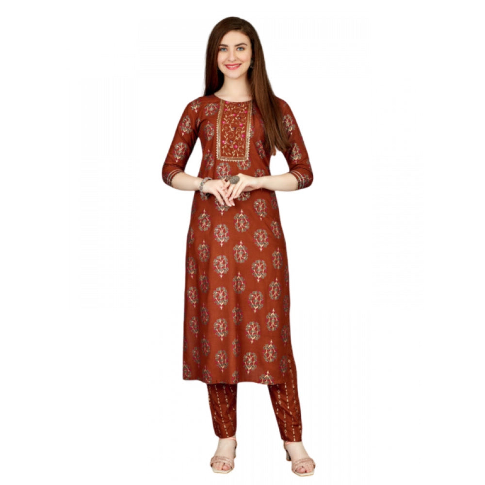 Shopper Beast Women's Casual 3-4 th Sleeve Embroidery Rayon Kurti Pant Set (Brown)