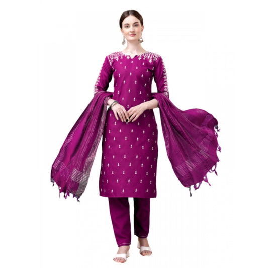 Shopper Beast Women's Casual 3-4 th Sleeve Embroidery Cotton Kurti Pant Dupatta Set (Purple)