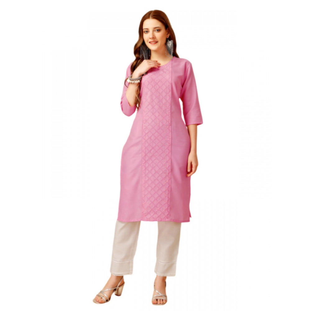 Shopper Beast Women's Casual 3-4 th Sleeve Embroidery Cotton Kurti Pant Set (Pink)