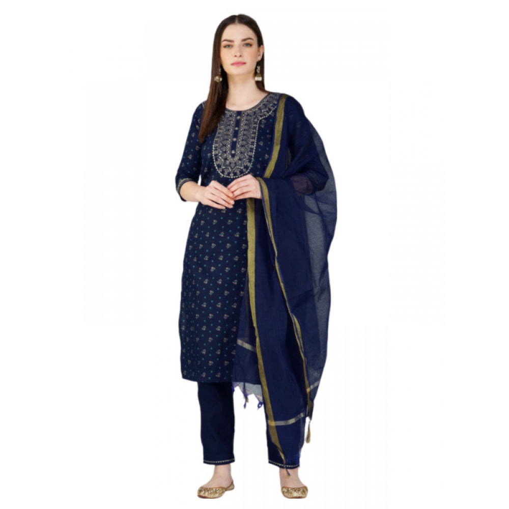 Shopper Beast Women's Casual 3-4 th Sleeve Embroidery Cotton Kurti Pant Dupatta Set (Dark Blue)