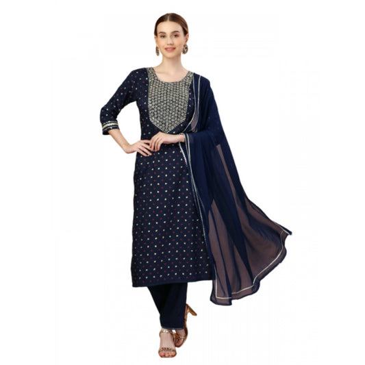 Shopper Beast Women's Casual 3-4 th Sleeve Embroidery Silk Blend Kurti Pant Dupatta Set (Navy Blue)