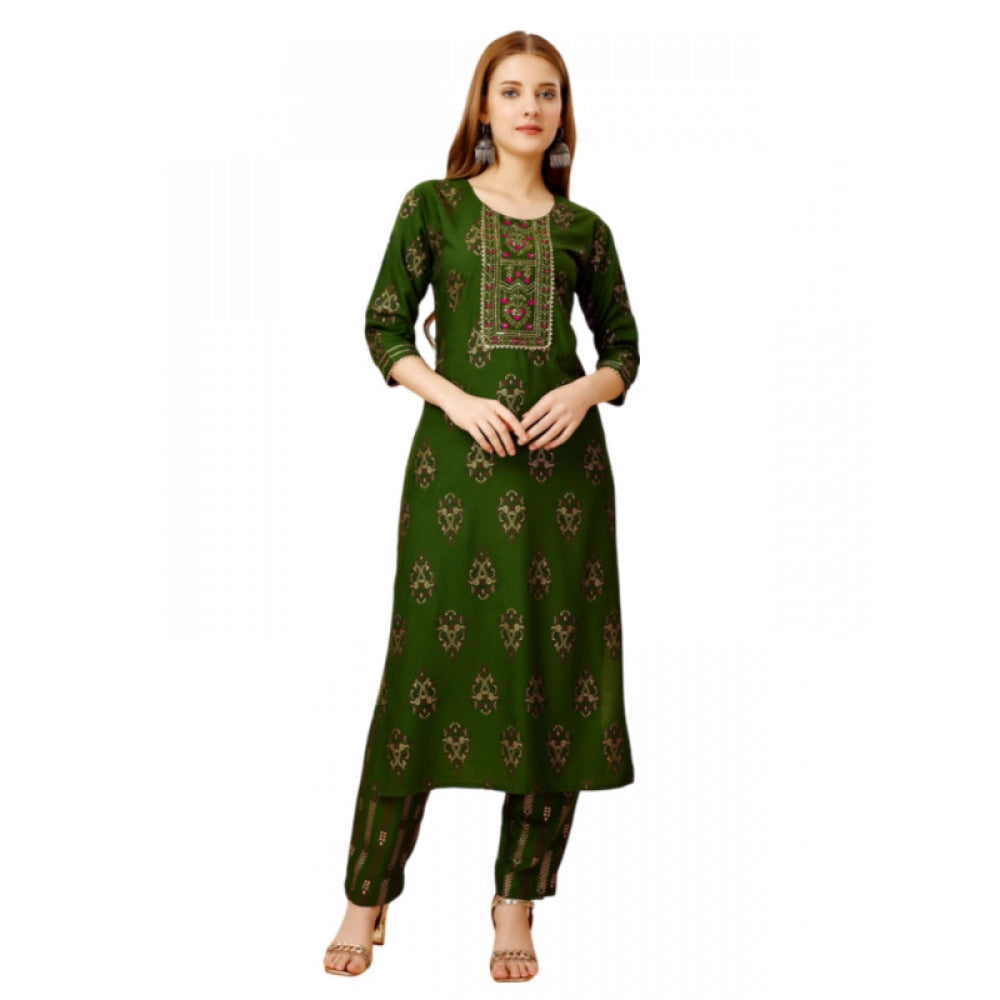 Shopper Beast Women's Casual 3-4 th Sleeve Embroidery Rayon Kurti Pant Set (Green)