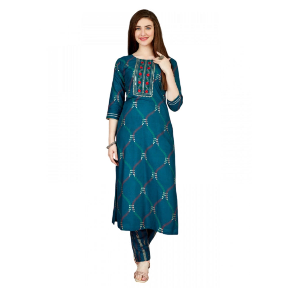 Shopper Beast Women's Casual 3-4 th Sleeve Embroidery Rayon Kurti Pant Set (Dark Blue)