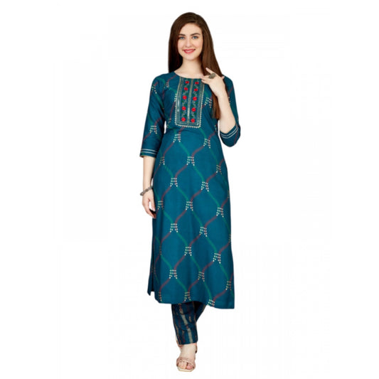 Shopper Beast Women's Casual 3-4 th Sleeve Embroidery Rayon Kurti Pant Set (Dark Blue)