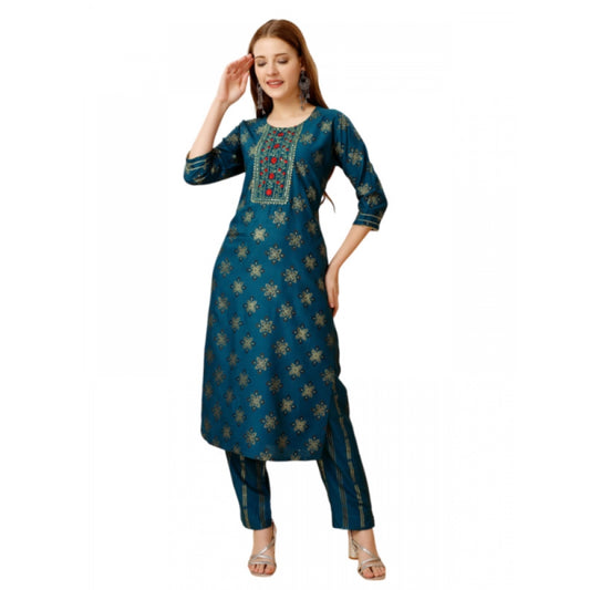 Shopper Beast Women's Casual 3-4 th Sleeve Embroidery Rayon Kurti Pant Set (Blue)