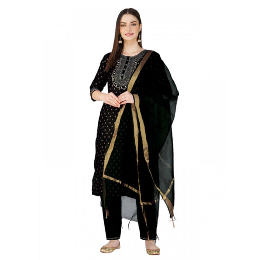 Shopper Beast Women's Casual 3-4 th Sleeve Embroidery Cotton Kurti Pant Dupatta Set (Black)