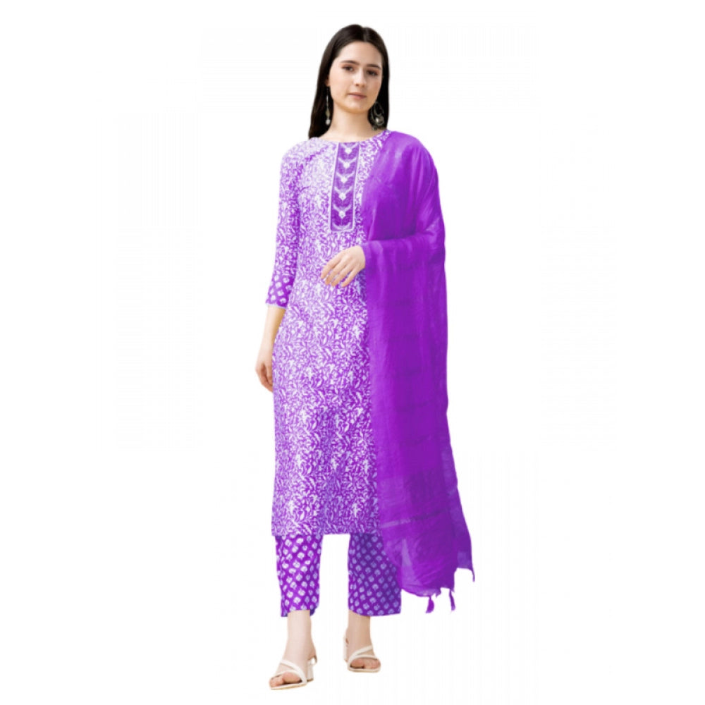 Shopper Beast Women's Casual 3-4 th Sleeve Embroidery Rayon Kurti Pant Dupatta Set (Purple)