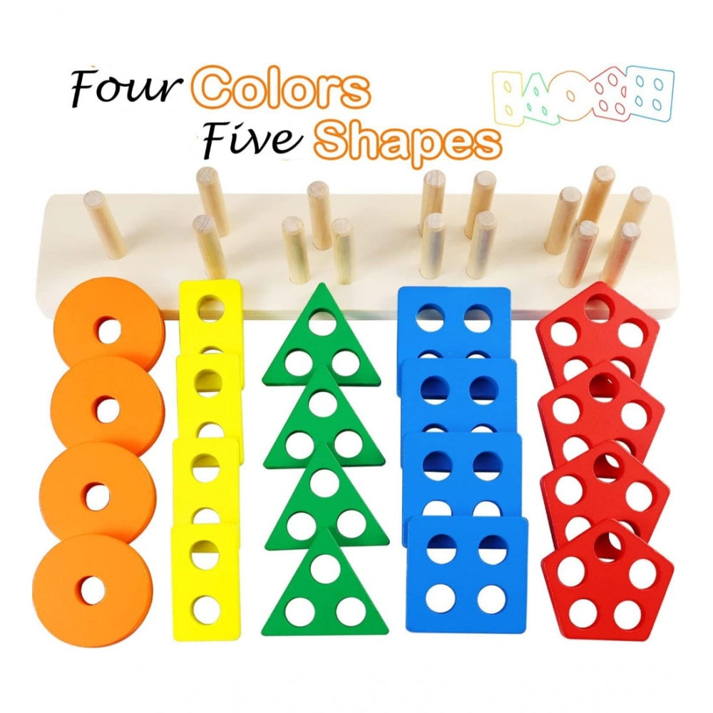 Shopper Beast Wooden Sorting And Stacking Toys 5 Column Geometric Shape Puzzle Activity For Kids (Wooden)