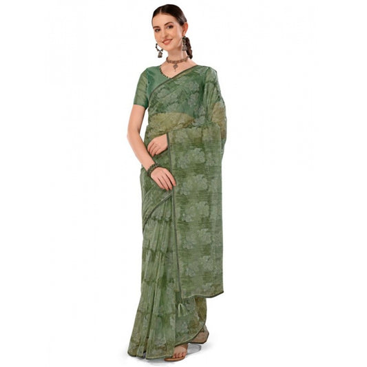 Shopper Beast Women's Linen Floral Printed Saree With Unstitched Blouse (Green, 5-6 Mtrs)