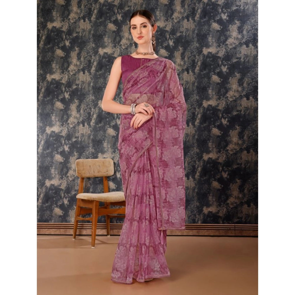 Shopper Beast Women's Linen Floral Printed Saree With Unstitched Blouse (Purple, 5-6 Mtrs)