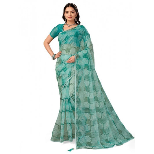 Shopper Beast Women's Linen Floral Printed Saree With Unstitched Blouse (Turquies Green, 5-6 Mtrs)