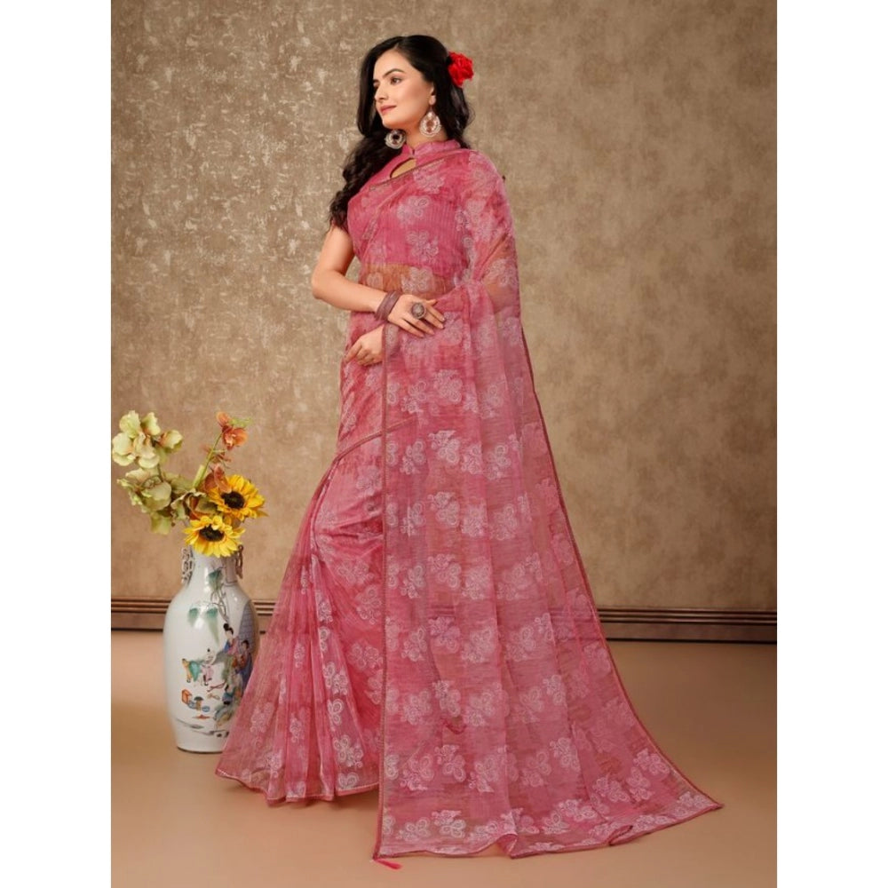 Shopper Beast Women's Linen Floral Printed Saree With Unstitched Blouse (Pink, 5-6 Mtrs)