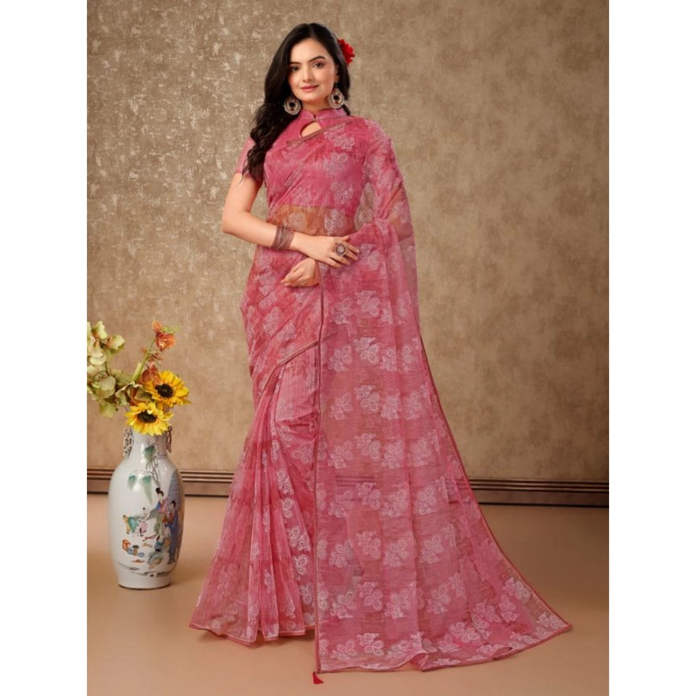 Shopper Beast Women's Linen Floral Printed Saree With Unstitched Blouse (Pink, 5-6 Mtrs)