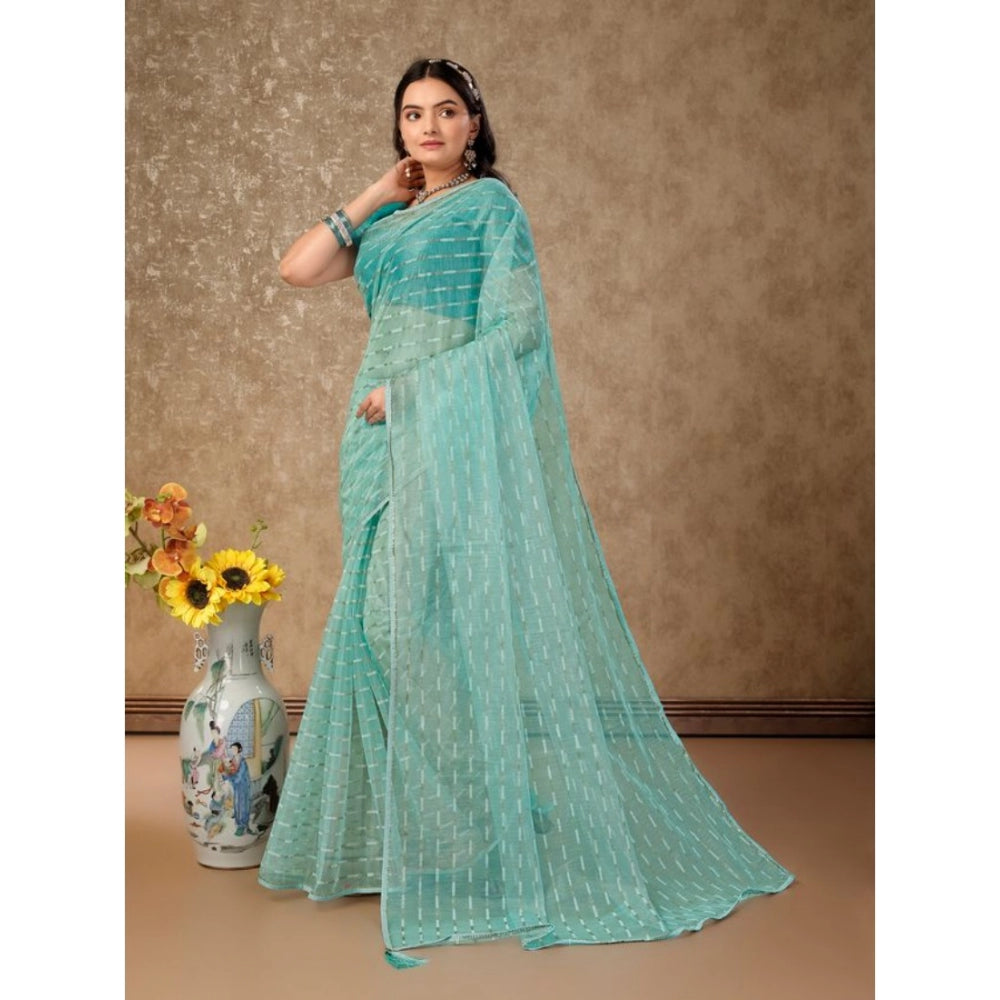 Shopper Beast Women's Linen Line Saree With Unstitched Blouse (Turquies Green, 5-6 Mtrs)