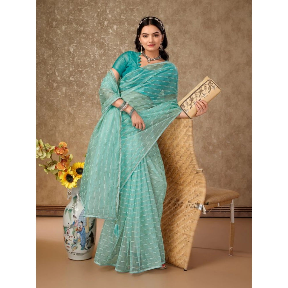 Shopper Beast Women's Linen Line Saree With Unstitched Blouse (Turquies Green, 5-6 Mtrs)