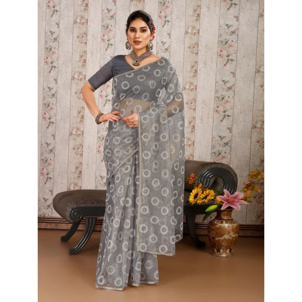 Shopper Beast Women's Linen Gola Printed Saree With Unstitched Blouse (Grey, 5-6 Mtrs)