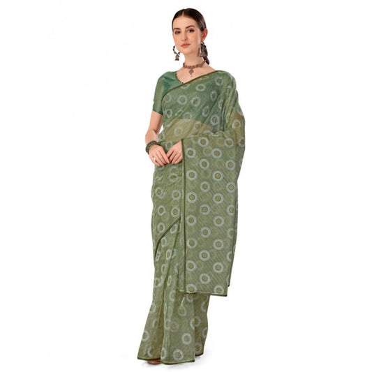 Shopper Beast Women's Linen Gola Printed Saree With Unstitched Blouse (Green, 5-6 Mtrs)