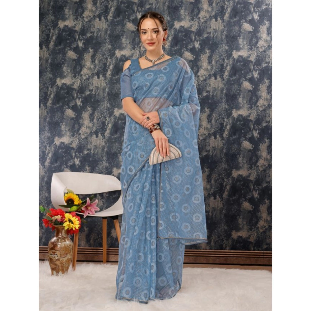 Shopper Beast Women's Linen Gola Printed Saree With Unstitched Blouse (Blue, 5-6 Mtrs)