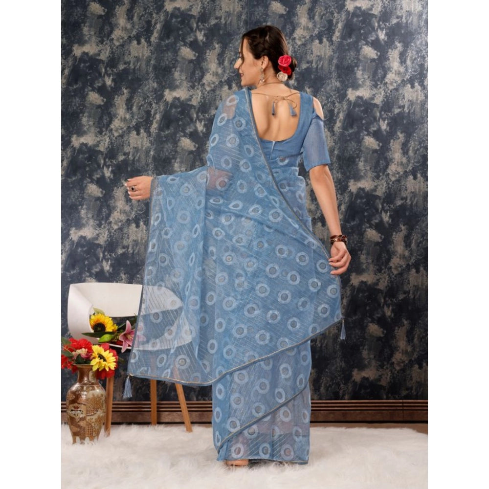 Shopper Beast Women's Linen Gola Printed Saree With Unstitched Blouse (Blue, 5-6 Mtrs)