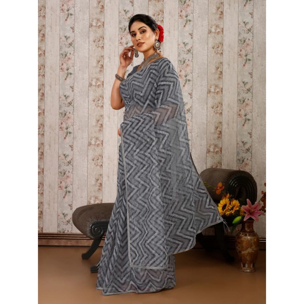 Shopper Beast Women's Linen Zig Zag Saree With Unstitched Blouse (Grey, 5-6 Mtrs)