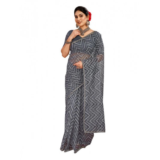 Shopper Beast Women's Linen Zig Zag Saree With Unstitched Blouse (Grey, 5-6 Mtrs)