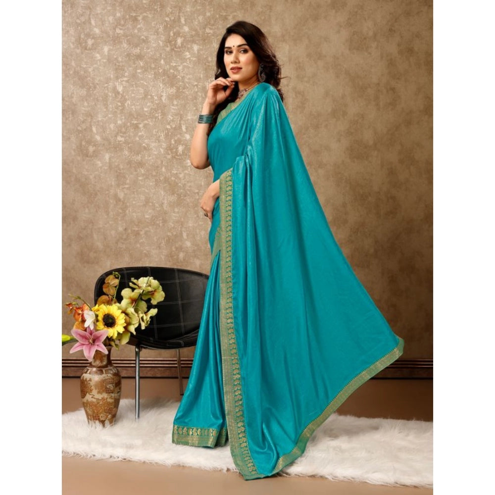 Shopper Beast Women's Vichitra Plain Saree With Unstitched Blouse (Teal Blue, 5-6 Mtrs)