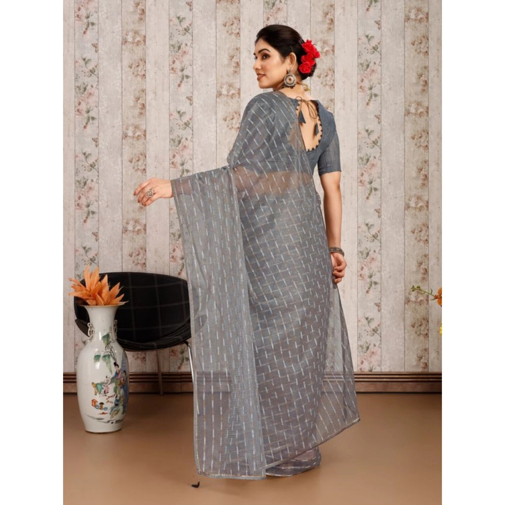 Shopper Beast Women's Linen Line Saree With Unstitched Blouse (Grey, 5-6 Mtrs)